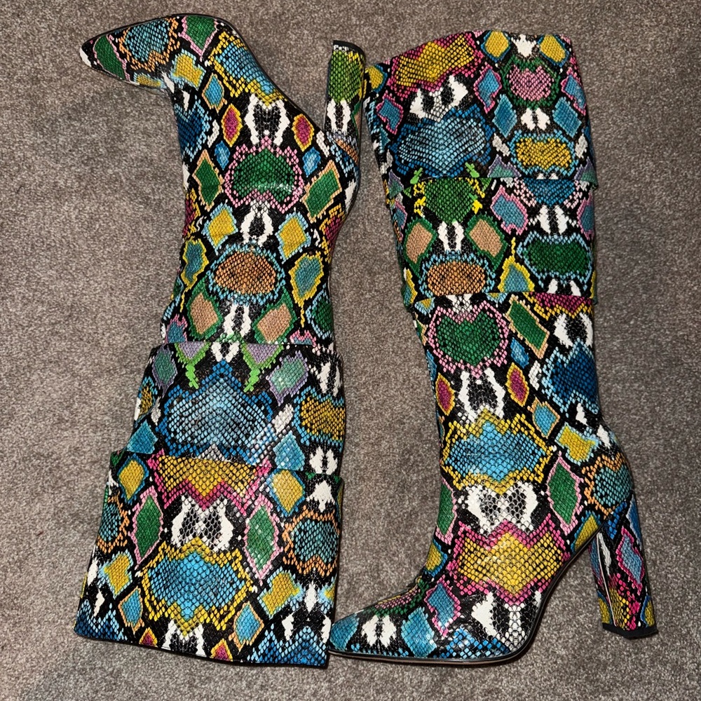 Colorful Snakeskin Pattern Knee-High Boots